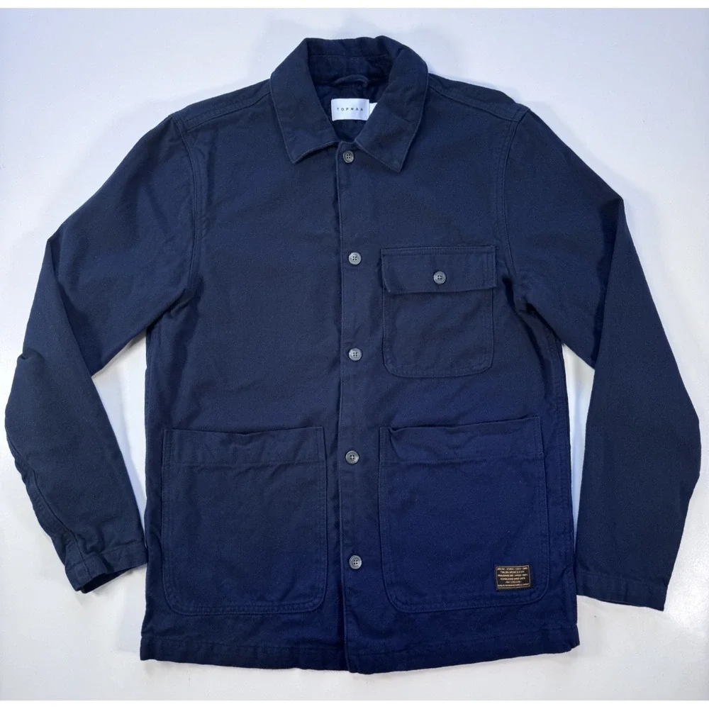 TOPMAN Lightweight Cotton Utility Chore Jacket Mens Small Blue Herringbone